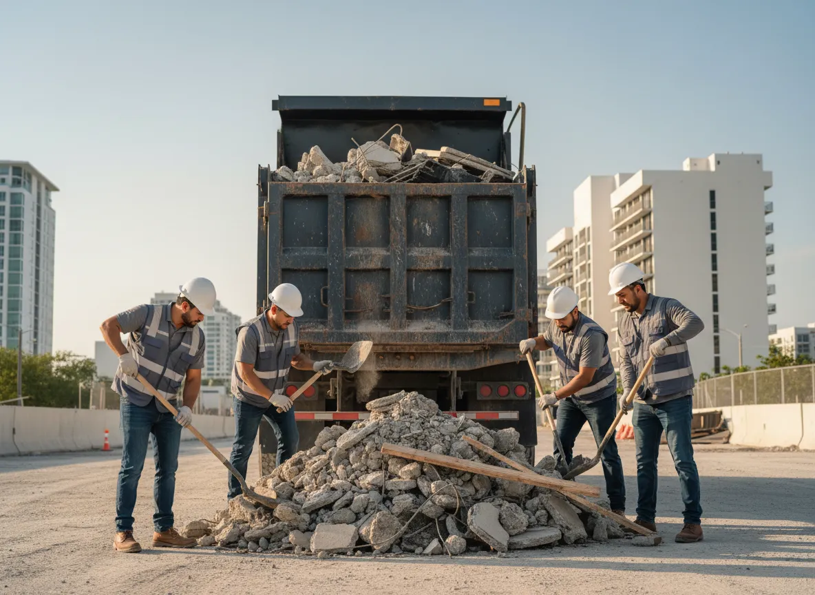 Remoción de escombros en obra de construcción en Miami con equipo profesional cargando materiales a un camión